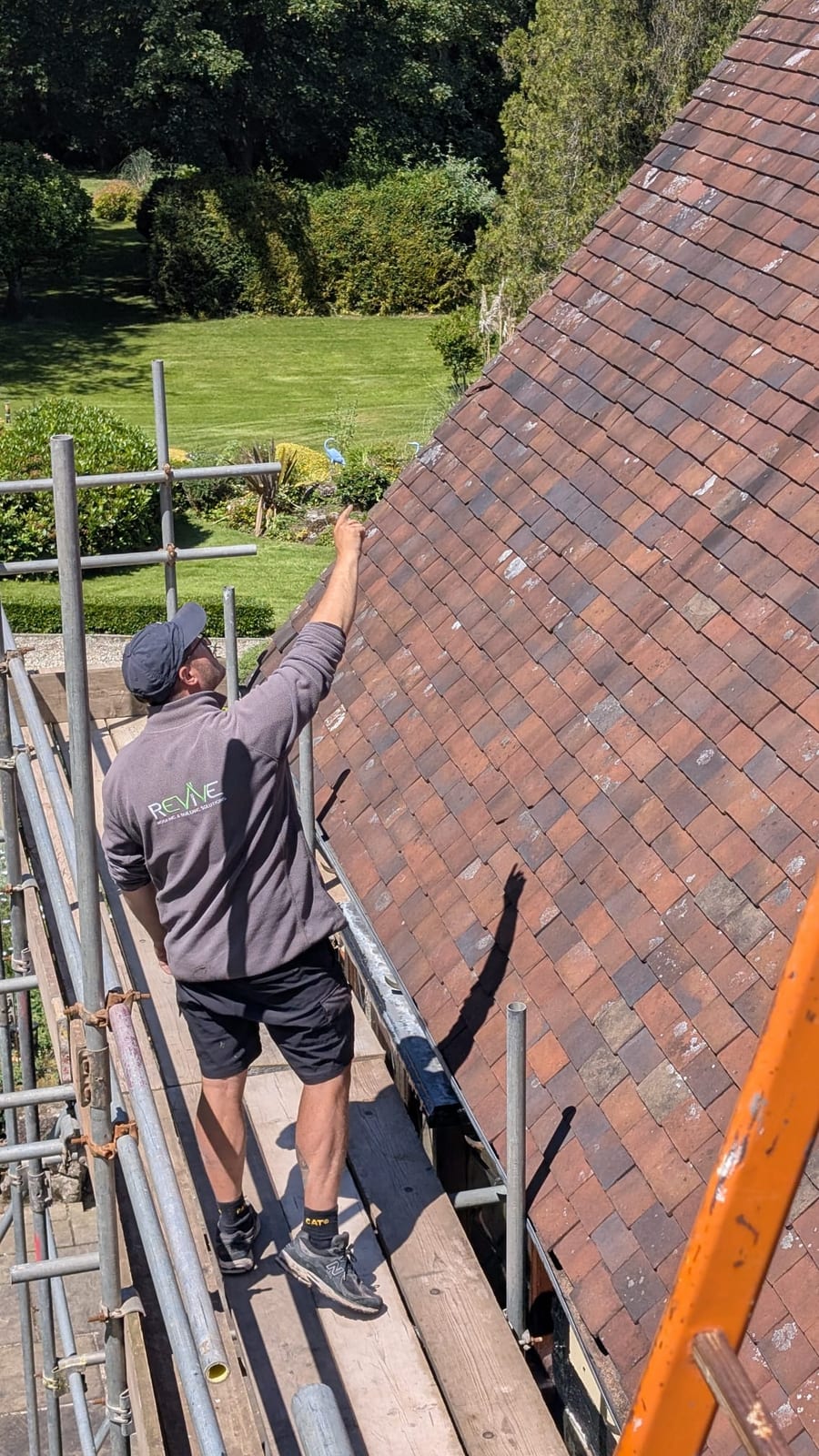 Roof inspection from scaffolding
