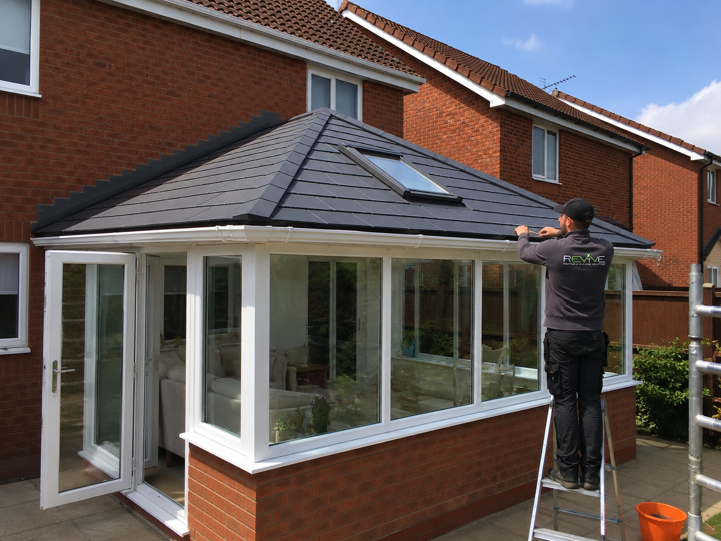 Completed conservatory warm roof conversion with dark tiled finish